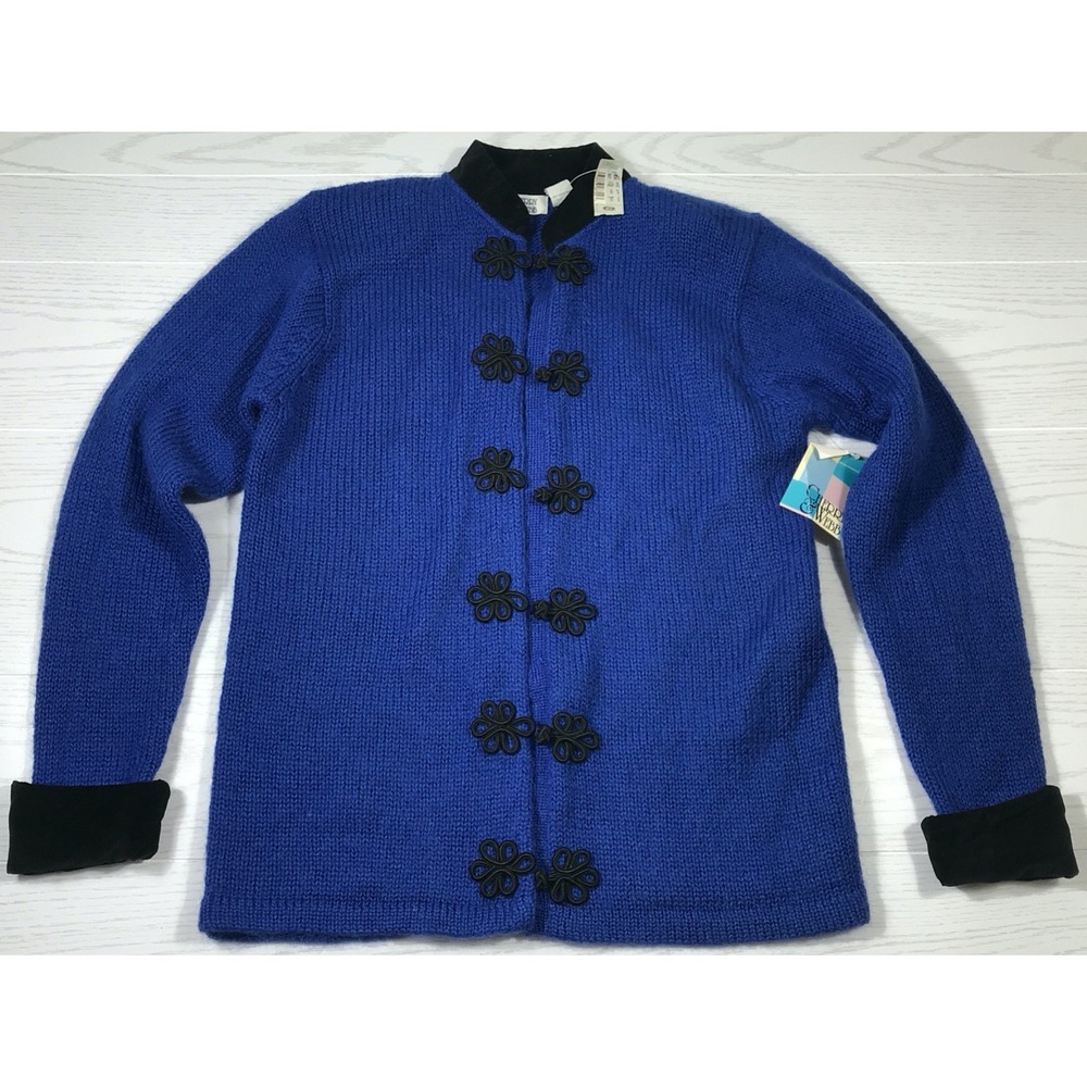 Vintage 80s Mohair Wool Cardigan Sweater Women Medium Blue Cherry & Webb Mom New